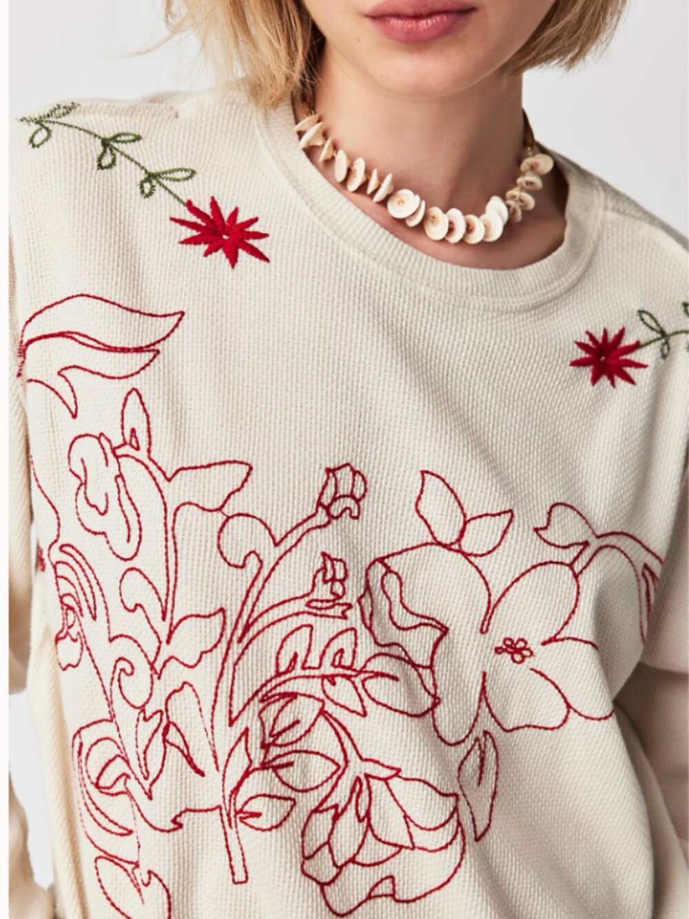 Free People Embroidered Floral Waffle Knit Long Sleeve Tee Medium Boho - Picture 3 of 16